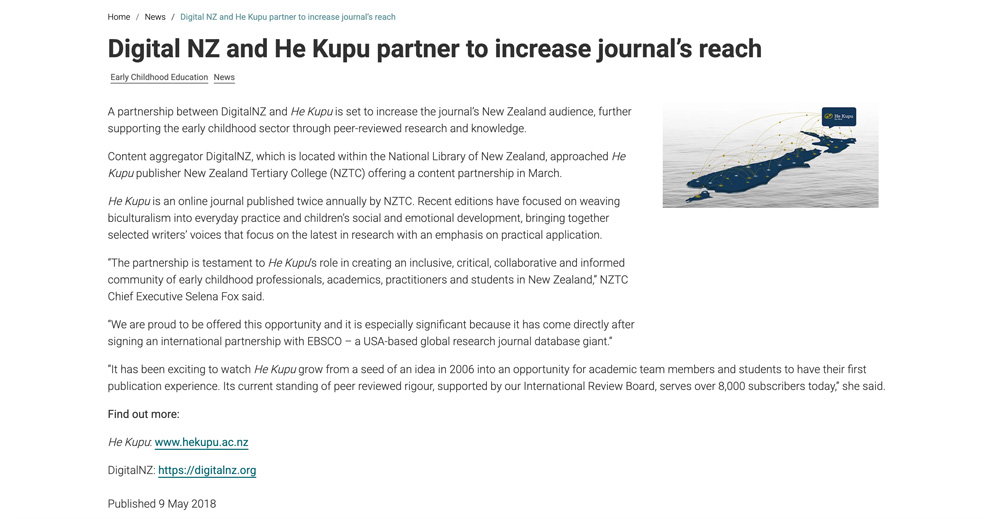 Article titled 'Digital NZ and He Kupu partner to increase journal’s reach' detailing a new content partnership to expand early childhood research audience in New Zealand, with a graphic of New Zealand connected by network lines.
