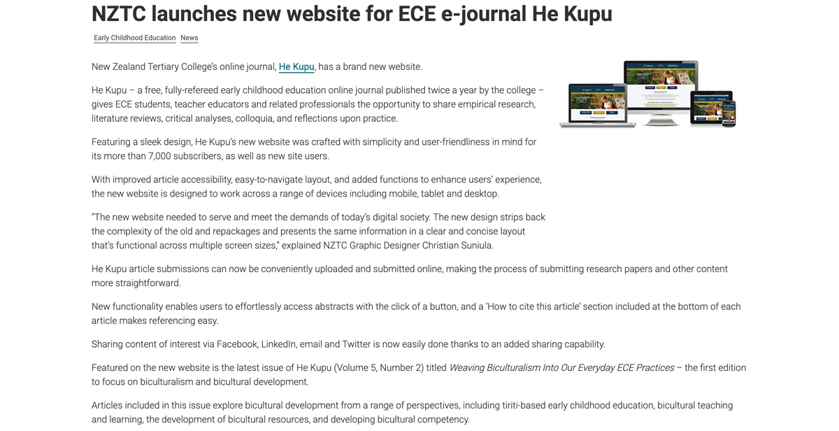 Article announcing New Zealand Tertiary College's launch of the new website for early childhood education e-journal He Kupu, highlighting features like improved accessibility, device compatibility, and sharing capabilities, with a small image showing the website on desktop, tablet, and mobile screens.