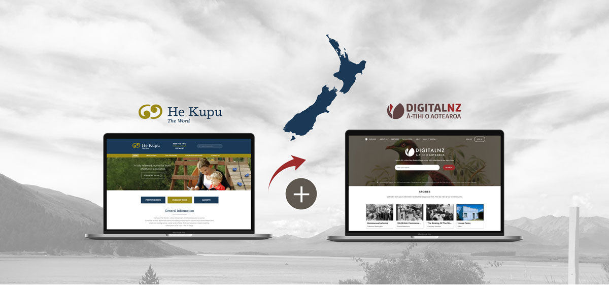 Two laptops side by side showing He Kupu and DigitalNZ websites with a New Zealand map and a plus sign between them.