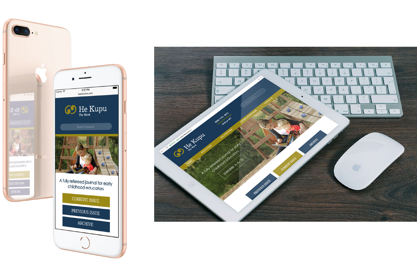 Mobile phone and tablet displaying He Kupu, a journal for early childhood educators, next to a keyboard and mouse on a wooden desk.