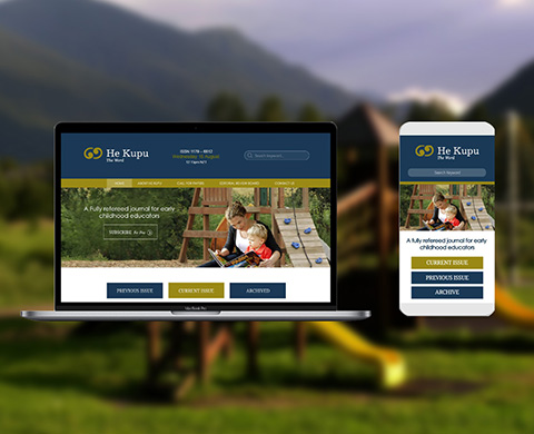 He Kupu website displayed on a laptop and smartphone with a background of an outdoor playground and mountains.